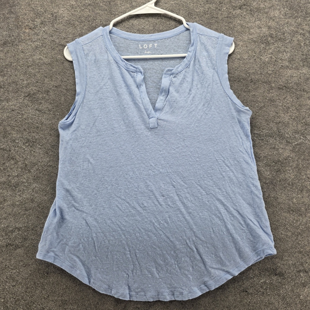 LOFT Shirt Womens Medium Blue Linen Sleeveless Split Neck Lightweight Summer Top